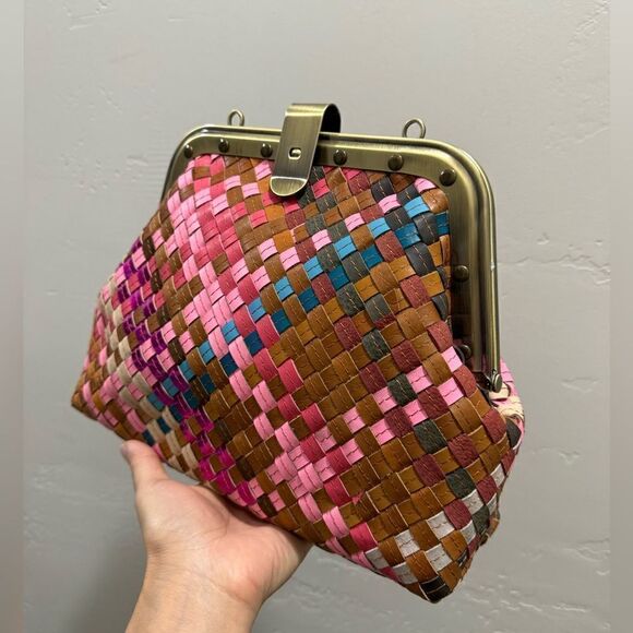 Colorful Genuine Woven Leather Retro Metal Frame & Push Lock Handbag, Crossbody - Picture 12 of 16